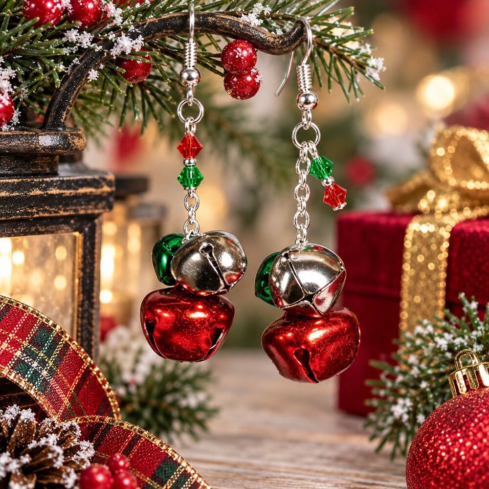 Handmade Christmas Jingle Bell Earrings Red Green Dangle Holiday Silver #C42